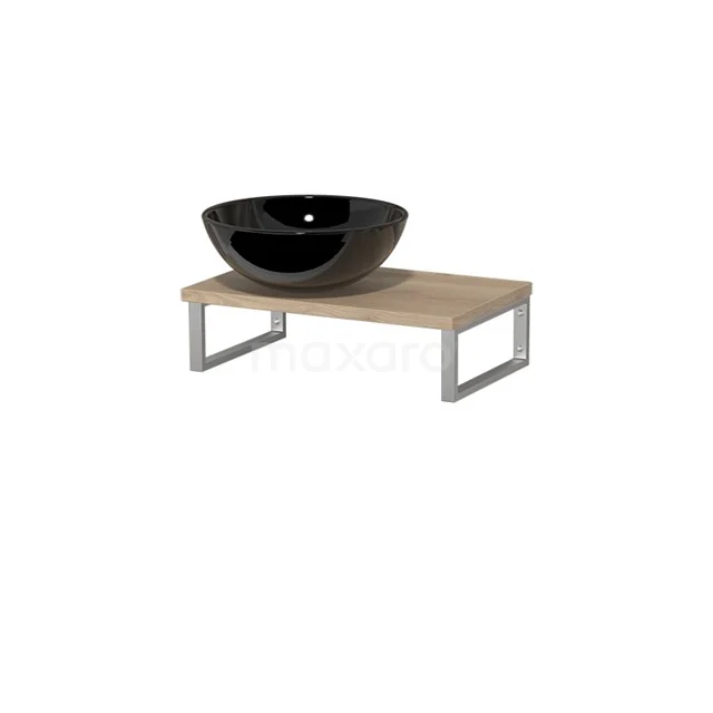 Zwarte keramische waskom op een modern houten badkamermeubel met metalen frame.
