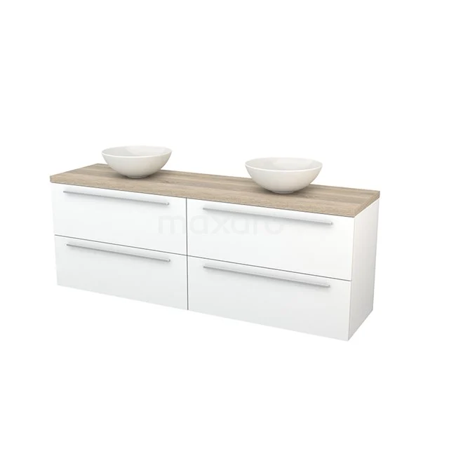 White bathroom unit with wood-look worktop, double drawers and four drawers, modern design for stylish bathrooms.