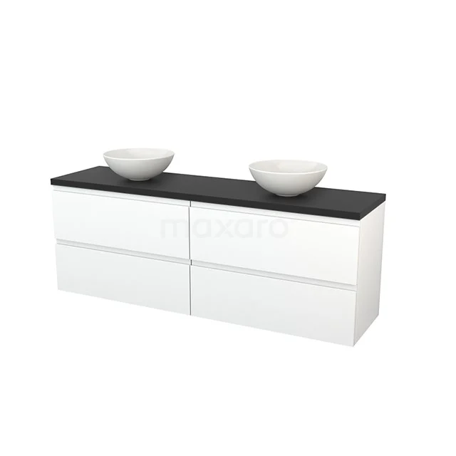 Modulo+ Plato Vanity units for countertop basin | 180 cm Matte white Handle-less front Carbon worktop 4 drawers BMK002844 White bathroom furniture set with black worktop and two round basins, modern design, ideal for stylish bathrooms.