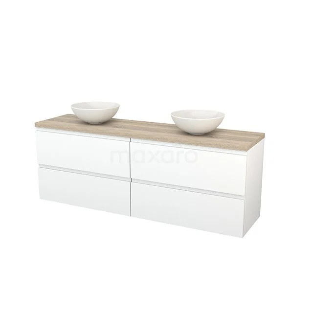 White bathroom unit with double countertop wash basins, wood-look worktop and modern look; perfect for a stylish bathroom.