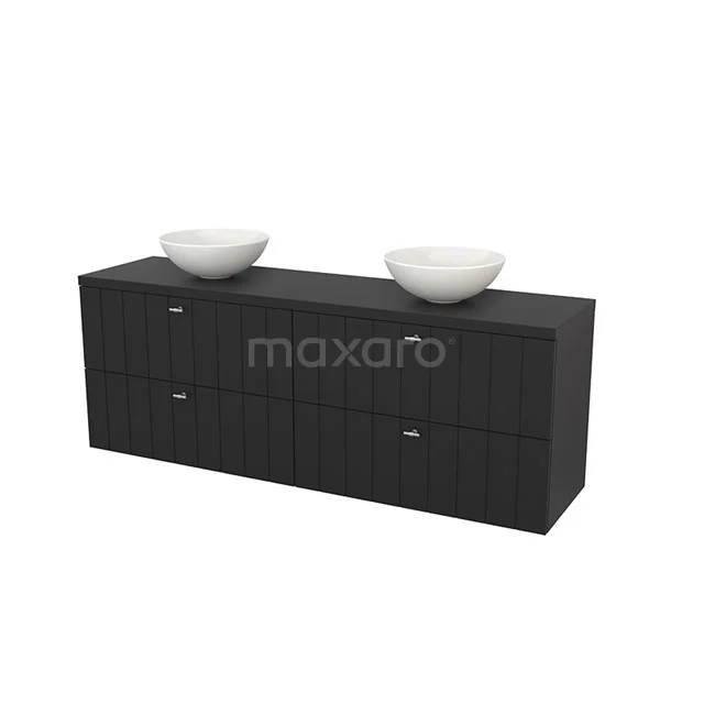 Schwarze Badmöbelset mit Doppelwaschbecken, modernes Design und klare Linien, ideal für stilvolle Badezimmer.