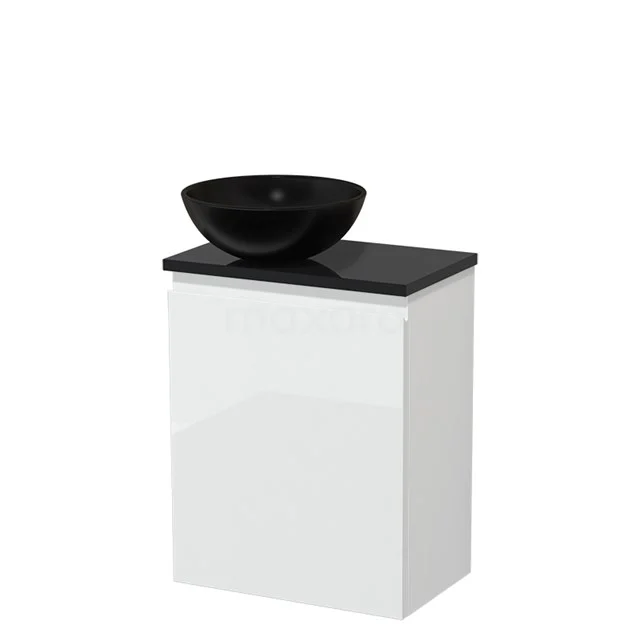 Toiletmeubel met waskom | 41 cm Hoogglans wit Greeploos front Mat zwart Keramiek waskom Hoogglans zwart blad TMK10-03075