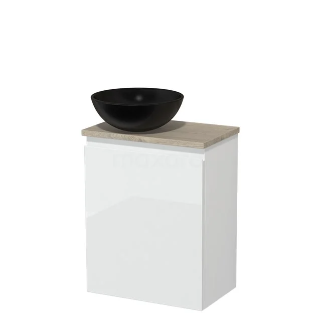 Toilet unit with countertop wash basin | 41 cm High-gloss white Handleless front Matte black Ceramic worktop Light grey oak worktop TMK10-03083
