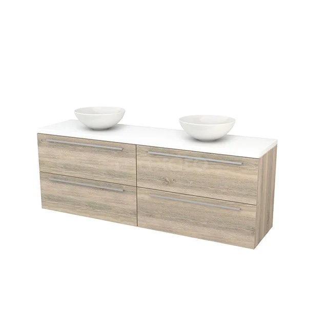 Holz Badmöbel mit zwei weißen Aufsatzwaschbecken, minimalistisches Design, ideal für ein modernes Badezimmer.