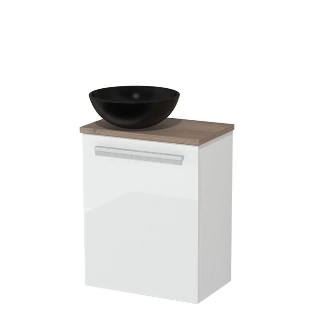 Toilet unit with countertop wash basin | 41 cm High-gloss white Flat front Matte black Ceramic countertop wash basin Mid brown oak worktop TMK10-03089
