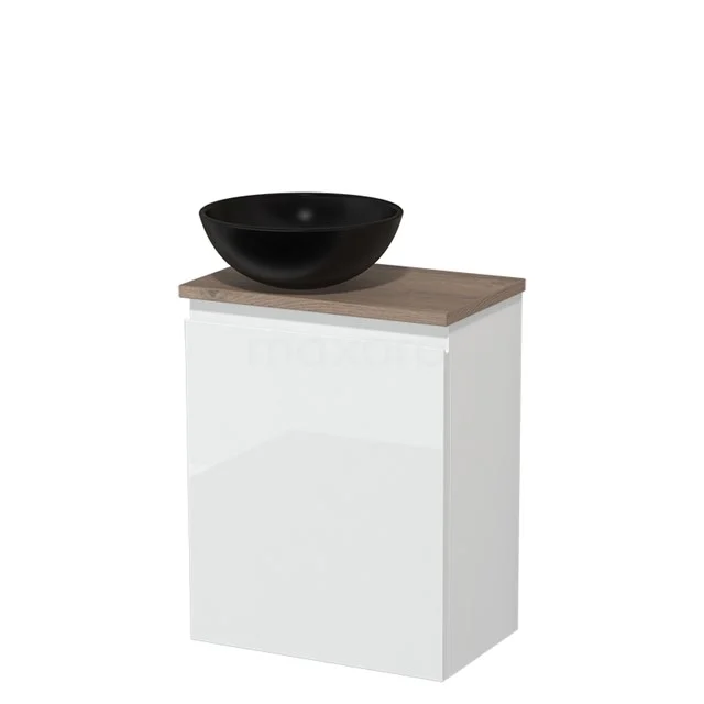 Toilet unit with countertop wash basin | 41 cm High-gloss white Handleless front Matte black Ceramic basin Mid brown oak worktop TMK10-03092