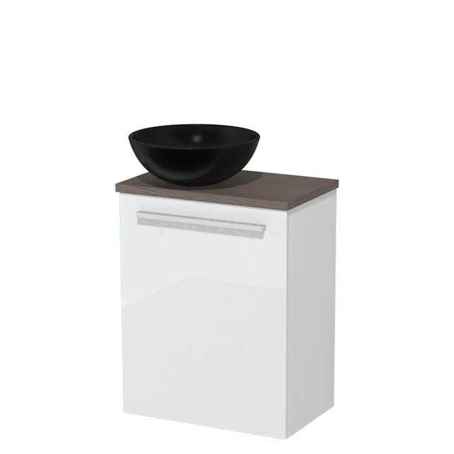 Toilet unit with countertop wash basin | 41 cm High-gloss white Flat front Matte black Ceramic worktop Dark brown oak worktop TMK10-03093