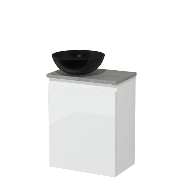 Toilet unit with countertop wash basin | 41 cm High-gloss white Handleless front Matte black Ceramic worktop Grey oak worktop TMK10-03100
