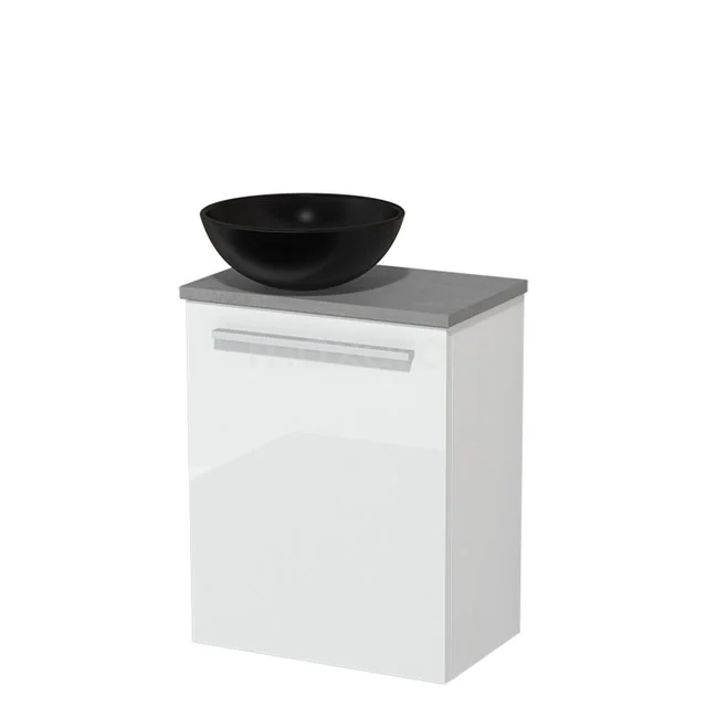 Toilet unit with countertop wash basin | 41 cm Flat front High-gloss white Matte black Ceramic wash basin Light grey concrete worktop TMK10-03101