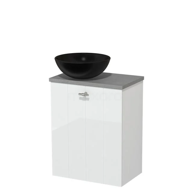 Countertop wash basin | 41 cm High-gloss white Lamel front Matte black Ceramic basin Light grey concrete worktop TMK10-03102
