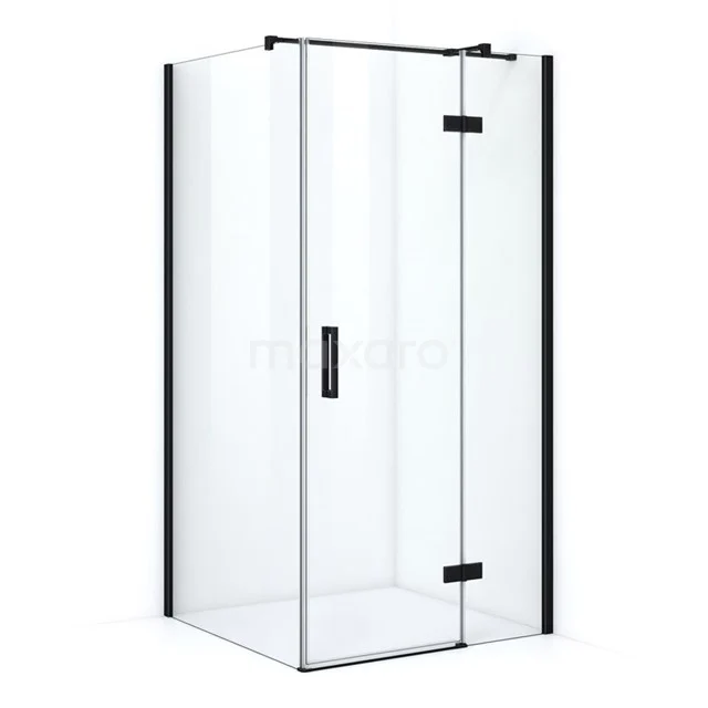 Shower enclosure with clear glass, black profiles and pivot door, durable design, ideal for modern bathrooms.