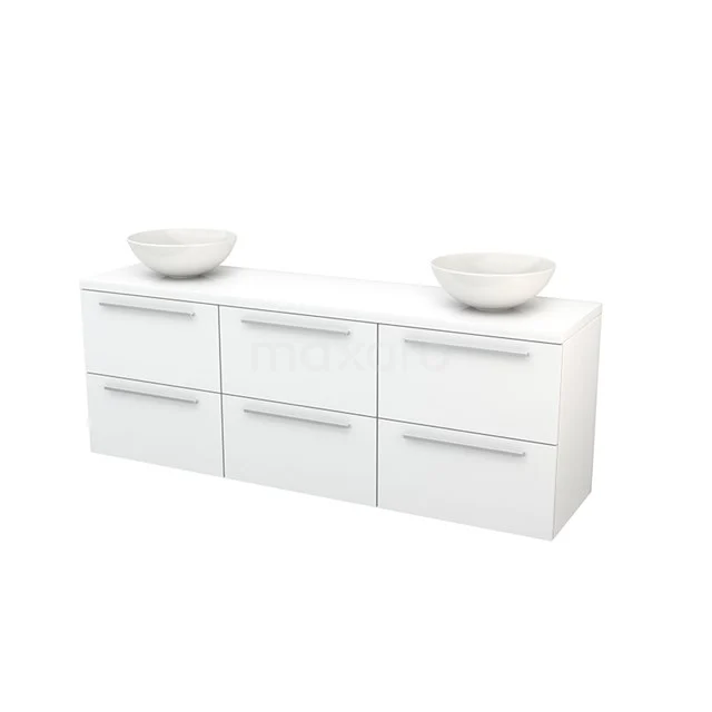 Vanity units for countertop wash basin 180cm Modulo+ Plato High-gloss white 6 Drawers Flat BMK002890 White bathroom unit with double basins, six drawers and sleek handles, ideal for modern bathroom storage.
