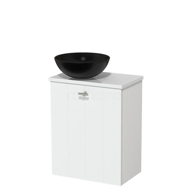 Toiletmeubel met waskom | 41 cm Mat wit Lamel front Mat zwart Keramiek waskom Hoogglans wit blad TMK10-03118
