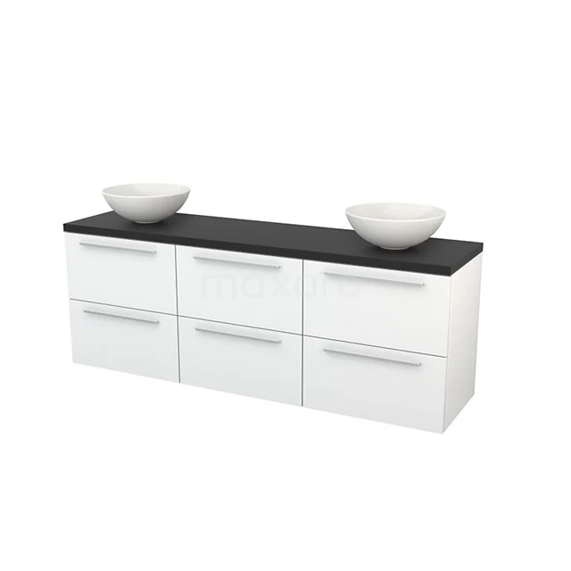 Weiße Badmöbelset mit schwarzer Platte, sechs Schubladen und zwei Aufsatzwaschbecken; modernes Design und praktisch für jedes Badezimmer.