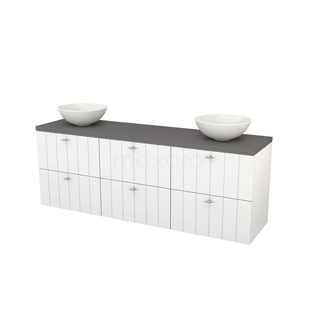 White wooden bathroom unit with dark grey worktop, double basins and vertical panels for a stylish bathroom.