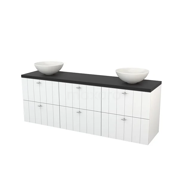 Modulo+ Plato Badmöbel mit Aufsatzwaschbecken | 180 cm Hochglanz Weiß Lamelle front Kohlenstoff blatt 6 Schubladen BMK002898 Weiße Badmöbelset mit schwarzer Platte, doppeltem modernen Aufsatzwaschbecken und vertikalen Paneelen, ideal für ein stilvolles Badezimmer.