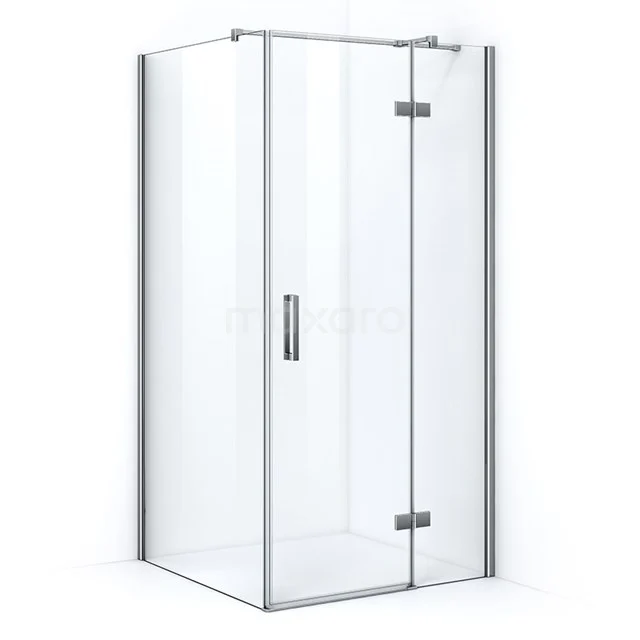 Glass shower enclosure with chrome profile, modern look, corner step, perfect for luxury bathroom design.