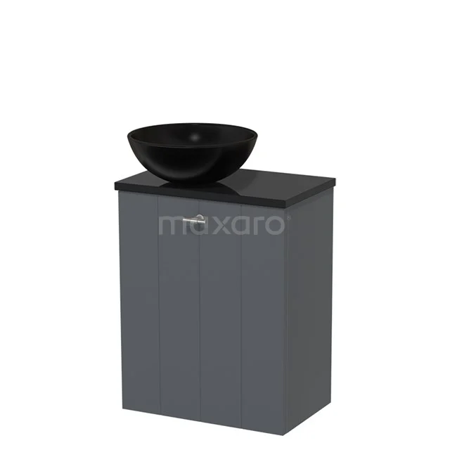 Toiletmeubel met waskom | 41 cm Donkergrijs Lamel front Mat zwart Keramiek waskom Hoogglans zwart blad TMK10-03178