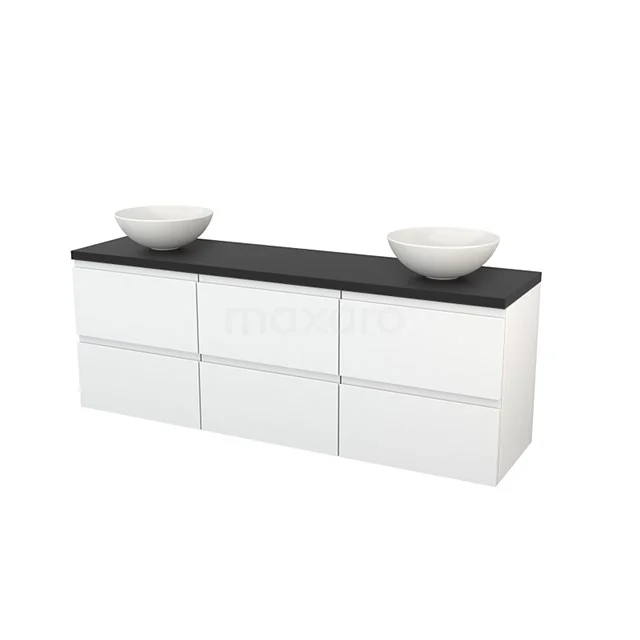 Moderne weiße Badschrank mit Schwarz Platte und doppelten Aufsatzwaschbecken, straffes Design für zeitgemäße Badezimmergestaltung.