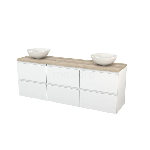 White bathroom furniture set with oak worktop, six drawers and two surface-mounted basins, modern design.