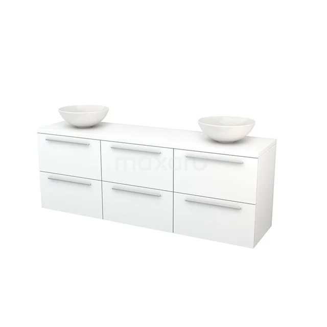 Modulo+ Plato Badmöbel mit Aufsatzwaschbecken | 180 cm Matt Weiß Flach front Matt Weiß blatt 6 Schubladen BMK002914 Weißes Badezimmermöbel mit doppeltem Aufsatzwaschbecken, modernes Design, sechs Schubladen mit Metallgriffen, ideal für schick eingerichtete Bäder.