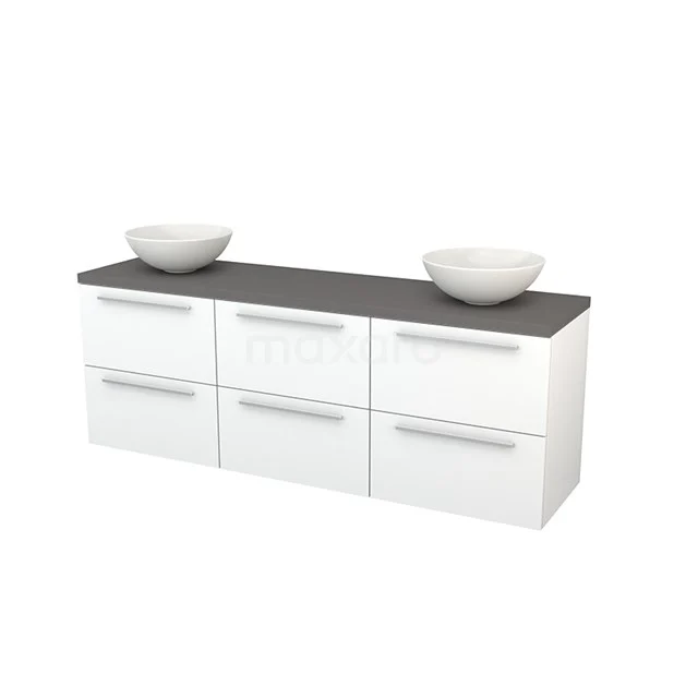 Modulo+ Plato Vanity units for countertop basin | 180 cm Matte white Flat front Basalt worktop 6 drawers BMK002915 White bathroom unit with black top, double drawers and six drawers, modern design for practical bathroom storage.