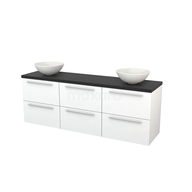White bathroom unit with six drawers, black worktop and two round basins; modern look and spacious storage design.