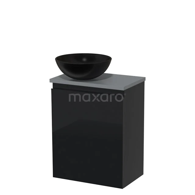 Schwarzes Badmöbel mit keramischem Aufsatzwaschbecken, mattschwarzer Front und grauer Oberplatte; modernes Design für ein stilvolles Badezimmer.