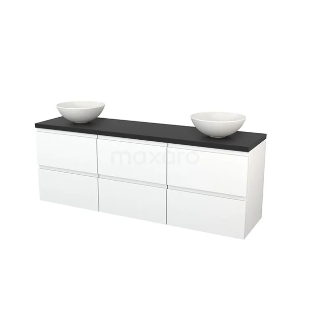 White Bathroom unit with black worktop and double basins, clean lines and modern design, ideal for a stylish bathroom.