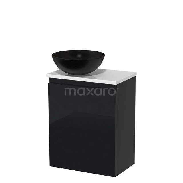 Bathroom cabinet in black with high-gloss finish, white worktop and round black basin; modern design, compact and stylish.