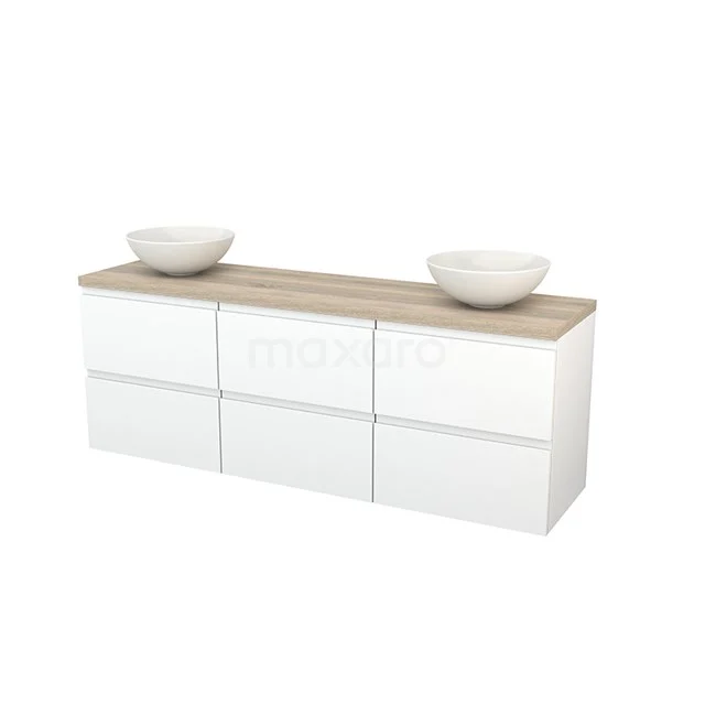 Weiße Badmöbelset mit Holzlook Platte, doppelten Aufsatzwaschbecken und schlichten Schubladen, perfekt für moderne Bäder.