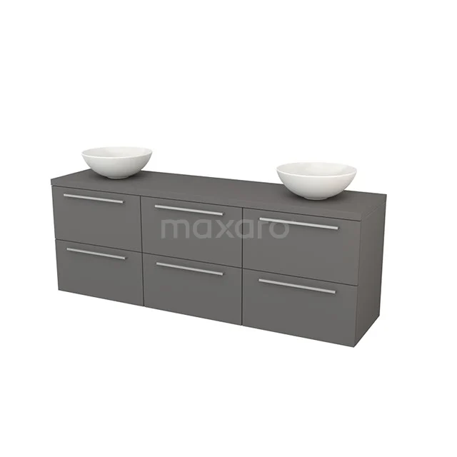 Grey Bathroom cabinet with six drawers, double countertop wash basins and sleek design; ideal storage for a modern bathroom.