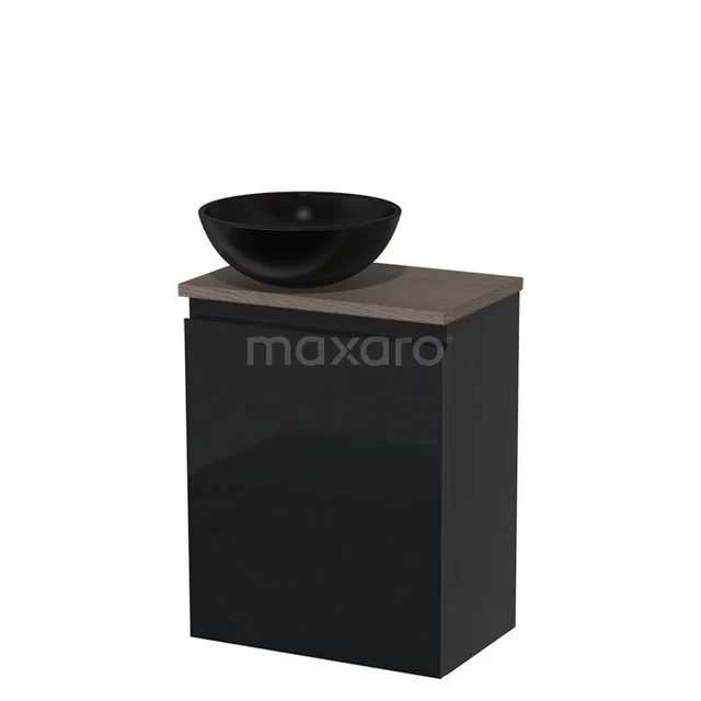 Toilet unit with countertop wash basin | 41 cm High-gloss black Handleless front Matte black Ceramic wash basin Dark brown oak worktop TMK10-03251 Black bathroom cabinet with wooden worktop and round basin in black, compact design for modern bathrooms.