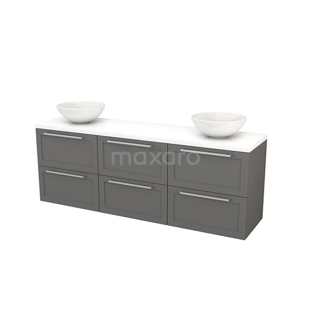 Vanity units for countertop wash basin 180cm Basalt Frame Modulo+ Plato High-gloss white Worktop BMK002945 Grey double vanity unit with ceramic bowls, six drawers and sleek design, ideal for modern bathrooms.