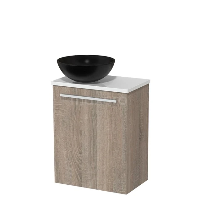 Toilet unit with wash basin | 41 cm Oak Flat front Matte black Ceramic countertop wash basin High-gloss white worktop TMK10-03269