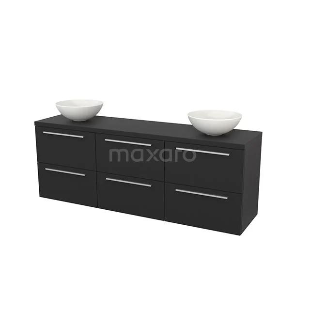 Black bathroom furniture set with double basin, modern look, six drawers and sleek handles, ideal for stylish bathrooms.