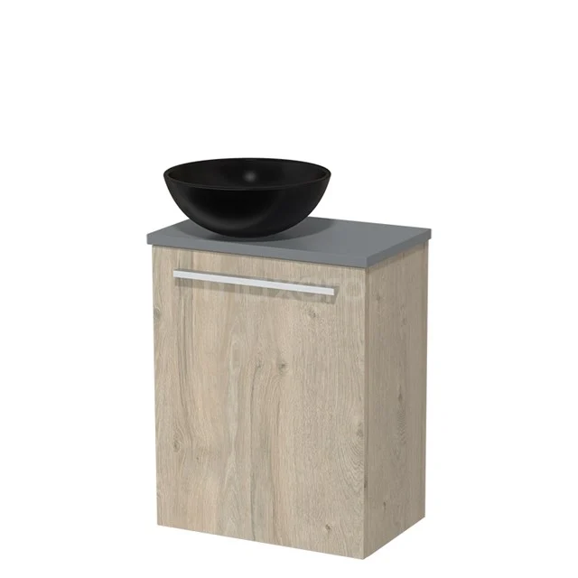 WC-Möbel mit Aufsatzwaschbecken | 41 cm Hellgraue Eiche Glatte Front Matt Schwarz Keramik-Aufsatzwaschbecken Mittelgraue Platte TMK10-03293 Holz Badschrank mit Schwarz Aufsatzwaschbecken, Grau Platte und schickem Metallgriff, ideal für stilvolle Badezimmerlagerung.