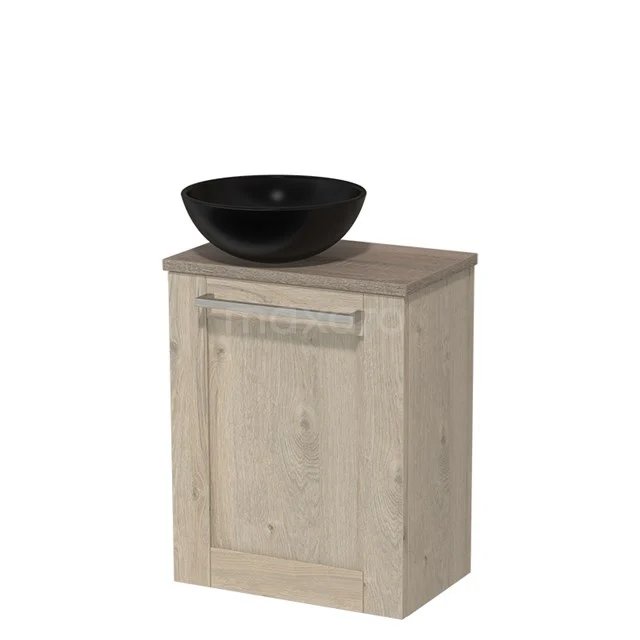 Toilet unit with countertop wash basin | 41 cm Light grey oak Frame front Matte black Ceramic countertop wash basin Ceramic worktop Oak worktop TMK10-03304