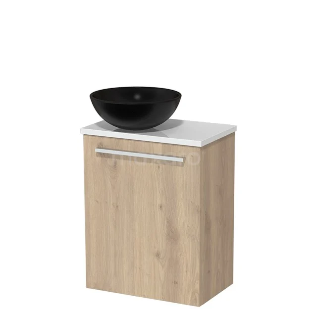 Toilet unit with countertop wash basin | 41 cm Light brown oak Flat front Matte black Ceramic basin High-gloss white worktop TMK10-03321