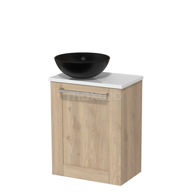 Toilet unit with countertop wash basin | 41 cm Light brown oak Front Matte black Ceramic basin High-gloss white worktop TMK10-03322