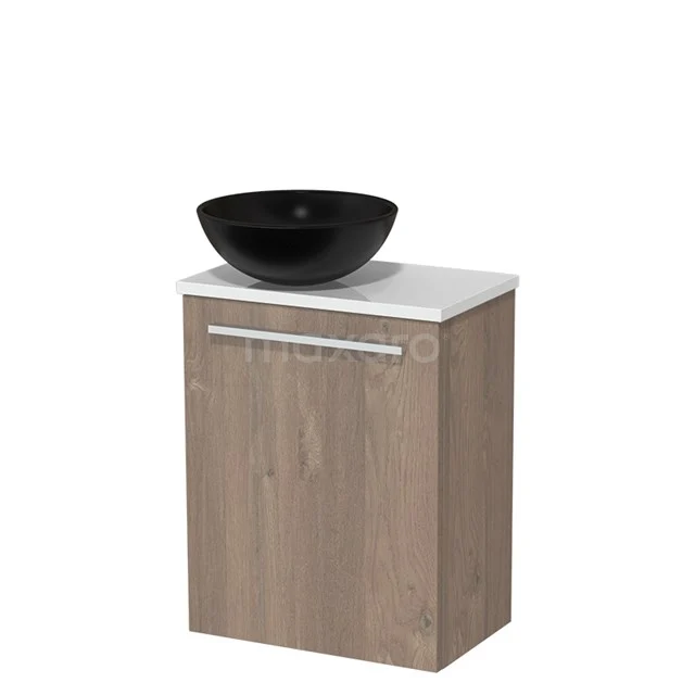 Toilet unit with countertop wash basin | 41 cm Mid brown oak Flat front Matte black Ceramic worktop High-gloss white worktop TMK10-03347