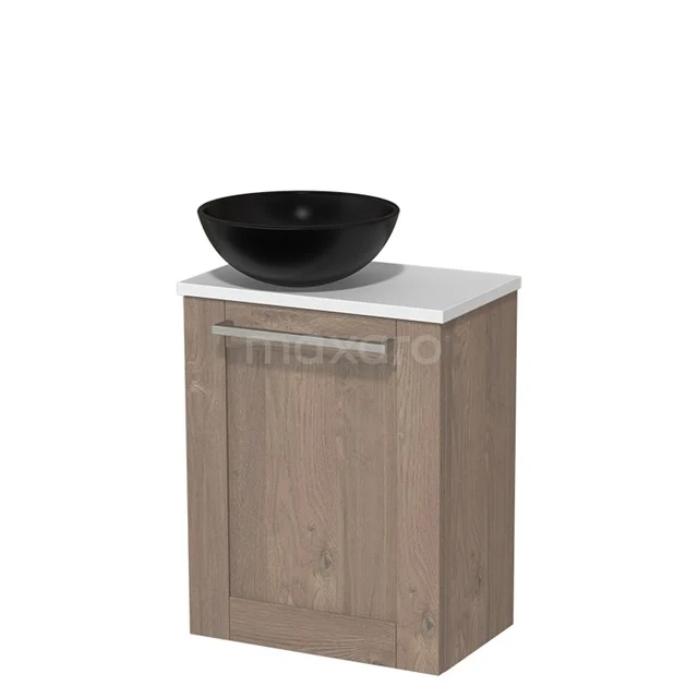 Toilet unit with countertop wash basin | 41 cm Mid brown oak Frame front Matte black Ceramic worktop Matte white worktop TMK10-03350