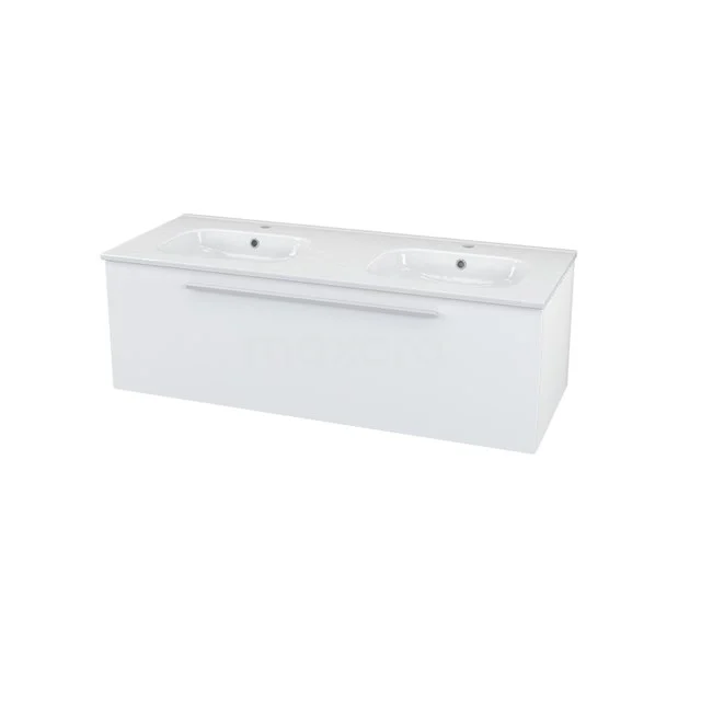 White, rectangular vanity units with basin, smooth finish and wide silver handle.