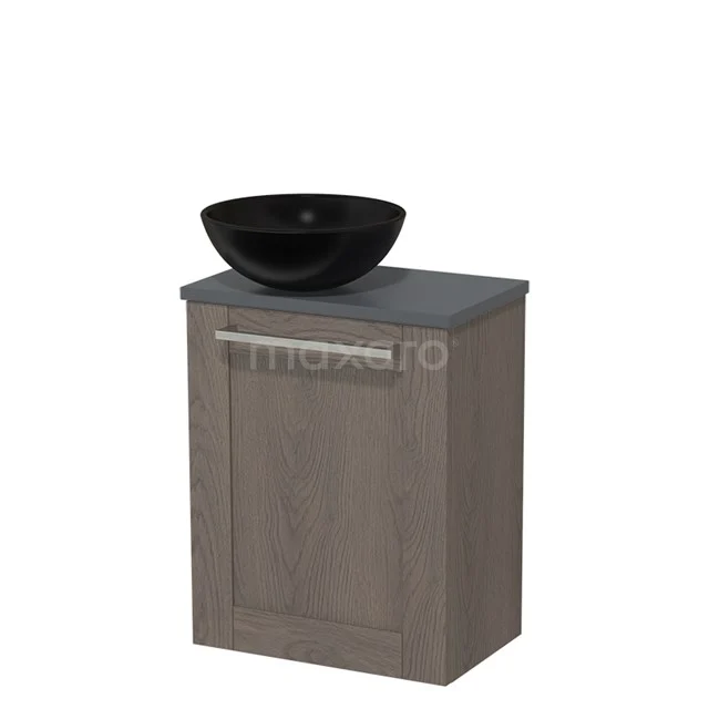 WC-Möbel mit Aufsatzwaschbecken | 41 cm Dunkelbraune Eiche Rahmenfront Matt Schwarz Keramik-Aufsatzwaschbecken Dunkelgraue Platte TMK10-03378 Holz-Badschrank mit Dunkelgrau Platte und Schwarz Aufsatzwaschbecken, moderner Stil, ideal für kompakte Bäder.