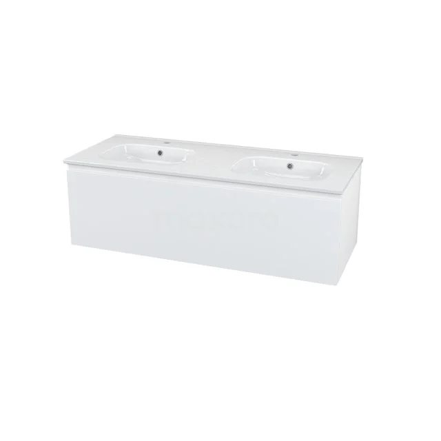 Modulo+ Vanity units with basin | 120 cm High-gloss white front Ceramic 1 drawer BMP000569 White rectangular bathtub with double headrest, sleek modern design, ideal for luxury bathroom interiors.