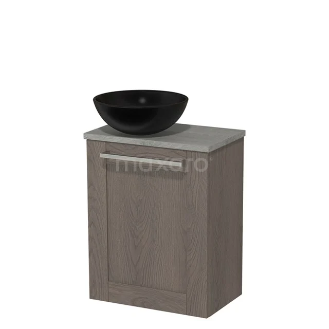 WC-Möbel mit Aufsatzwaschbecken | 41 cm Dunkelbraune Eiche Rahmen Front Matt Schwarz Keramik Aufsatzwaschbecken Graue Eiche TMK10-03390 Hölzerner Badschrank mit grauer Stein Waschtischplatte und schwarzem rundem Aufsatzwaschbecken, kompaktes Design für moderne Bäder.