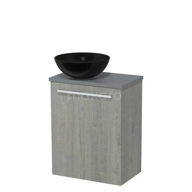 Grey wooden bathroom cabinet with matt black countertop wash basin, modern design, ideal for a stylish and compact bathroom design.