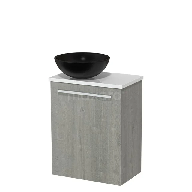 Toiletmeubel met waskom | 41 cm Grijs eiken Vlak front Mat zwart Keramiek waskom Hoogglans wit blad TMK10-03399