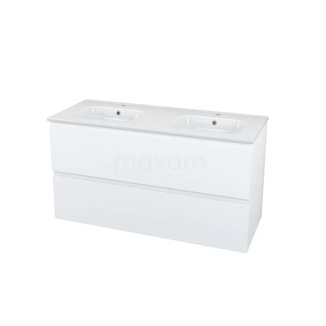 Modulo+ Bathroom furniture with sink | 120 cm Matte white Handle-less front Ceramic 2 Stacked drawers BMP000621 Double basin in white ceramic with sleek design, ideal for modern bathrooms and practical storage space below.