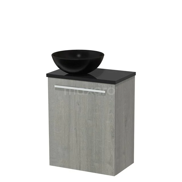 Toilet unit with wash basin | 41 cm Grey oak Flat front Matte black Ceramic countertop wash basin High-gloss black worktop TMK10-03405 Grey bathroom cabinet with black basin, modern design, wood-look finish, ideal for stylish and compact bathrooms.